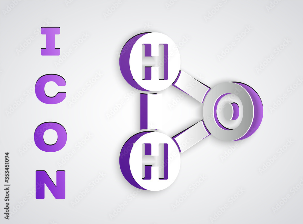 Paper cut Chemical formula for water drops H2O shaped icon isolated on grey background. Paper art style. Vector Illustration. Paper cut Chemical formula for water drops H2O shaped icon isolated on grey background. Paper art style. Vector Illustration.