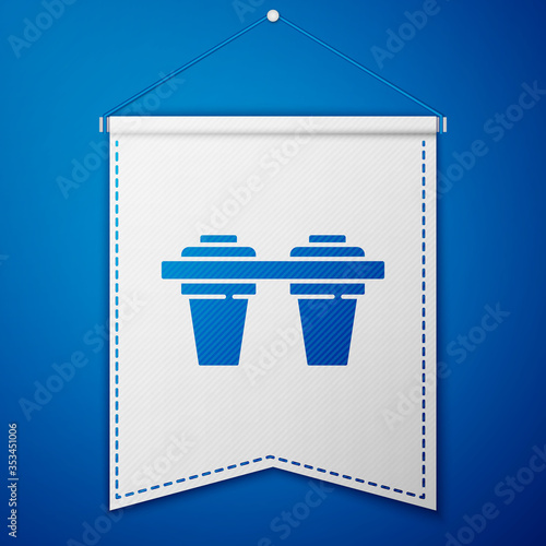 Blue Water filter icon isolated on blue background. System for filtration of water. Reverse osmosis system. White pennant template. Vector Illustration.