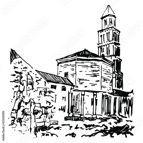 View of a Roman Diocletian's palace at Split in Croatia (Yugoslavia). Hand drawn linear ink sketch. White silhouette on black background. Isolated vector illustration.