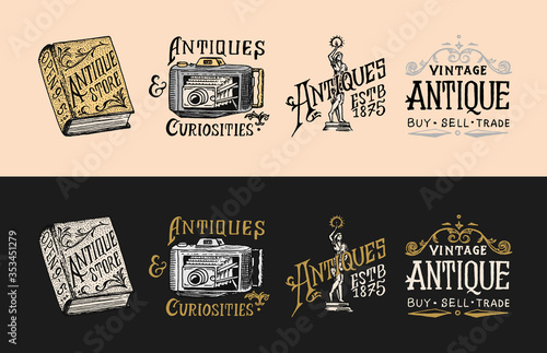 Antique shop labels or badges. Book and camera. Vintage victorian ancient logo for t-shirts and typography. Drawn engraved monochrome sketch.