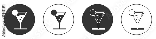 Black Martini glass icon isolated on white background. Cocktail icon. Wine glass icon. Circle button. Vector Illustration.