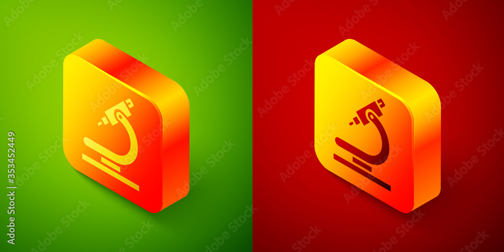Isometric Microscope icon isolated on green and red background. Chemistry, pharmaceutical instrument, microbiology magnifying tool. Square button. Vector Illustration.