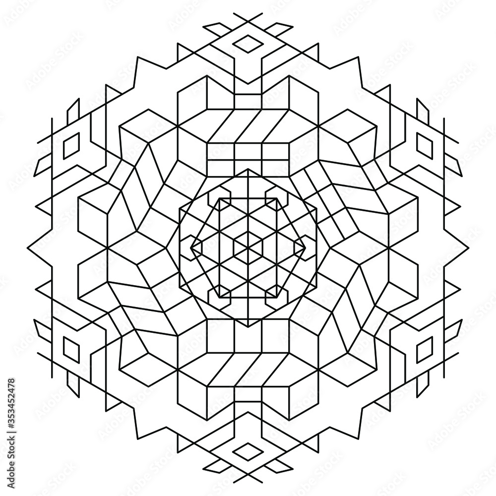 Abstract hexagon geometric pattern. One of a series of decorative ornament for print, clothes, fabrics or ceramic tiles. Vector illustration the black outlines on a white background Abstract hexagon geometric pattern. One of a series of decorative ornament for print, clothes, fabrics or ceramic tiles. Vector illustration the black outlines on a white background