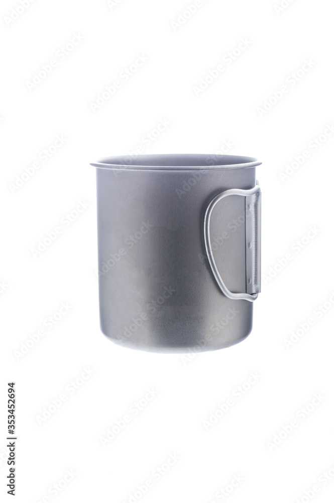 Iron mug with folding handles. Titanium mug for drinks. Iron mug with folding handles. Titanium mug for drinks.