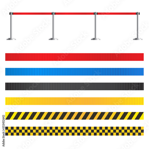Retractable belt stanchion set. Airport fence isolated on white background. Portable ribbon barrier for restriction and dangerous zones. Red striped hazard fencing tape.