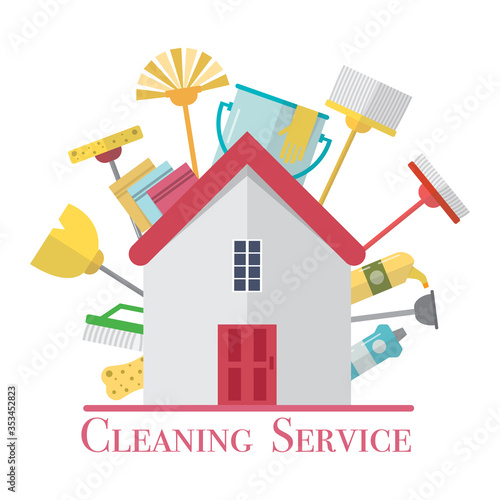 House cleaning service with tools in flat design.Cleaning equipments. Vector illustration.