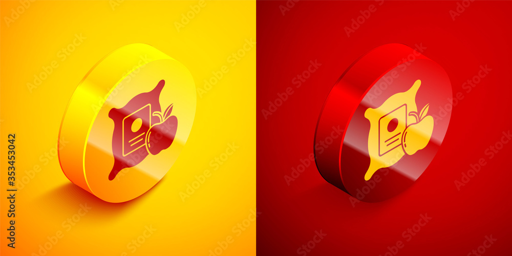 Isometric Apple in the sack icon isolated on orange and red background. Apples in a canvas bag. Farmers market. Circle button. Vector Illustration. Isometric Apple in the sack icon isolated on orange and red background. Apples in a canvas bag. Farmers market. Circle button. Vector Illustration.