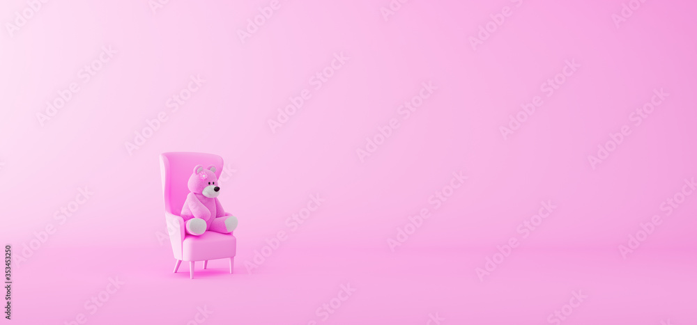 Pink teddy bear sitting on armchair 3d render 3d illustration