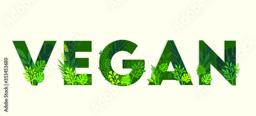 Vegan typography in green leaf vector illustration.