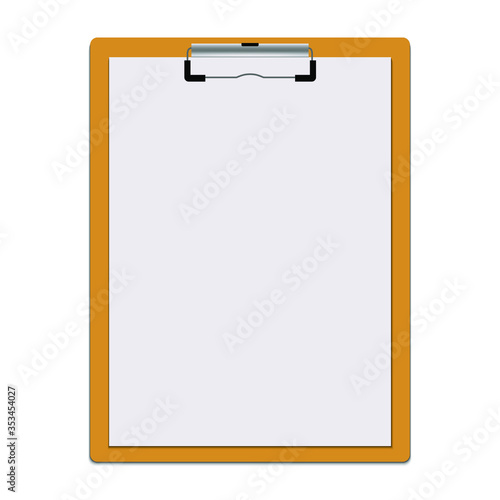 Wooden clipboard holding a white paper/document, realistic illustration on a white background