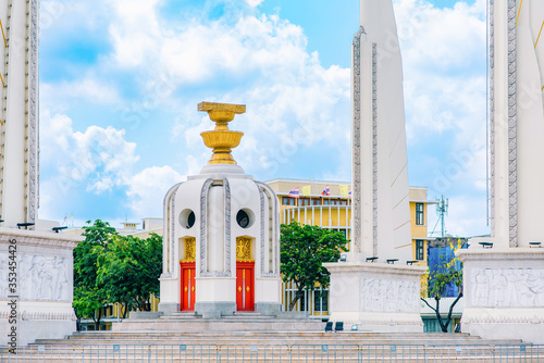 Democracy monument with blue sky in Bangkok, Thailand. The Democracy Monument is a historical of constitution monument