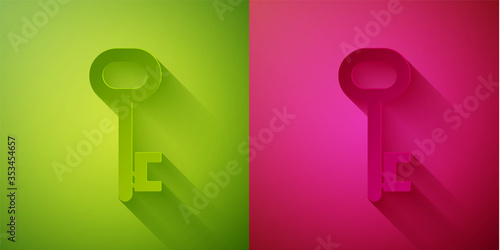 Paper cut House key icon isolated on green and pink background. Paper art style. Vector Illustration.