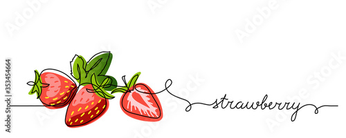 Strawberry vector color illustration, background, banner for label design. One continuous line drawing of strawberry with lettering. Editable black stroke.