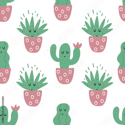 Seamless pattern of cacti. Cute cacti in a flower pot with eyes.Suitable for wrapping paper and textiles.
