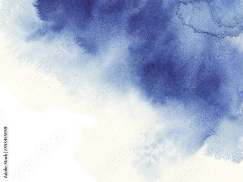 Navi, classic blue, indigo watercolor texture background with wet brush stains, strokes. Watercolor wash. Abstract artistic frame, empty space for text. Acrylic hand painted gradient backdrop.