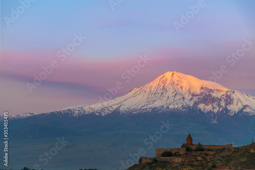 Sunrise over Ararat in  Khor Virap Monastery. Armenia