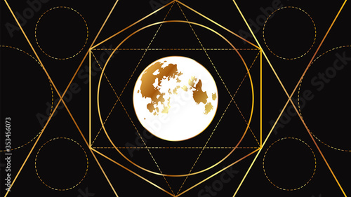 Flat image of the full moon on a black background with a geometric golden pattern. Astrological signs of the full moon.