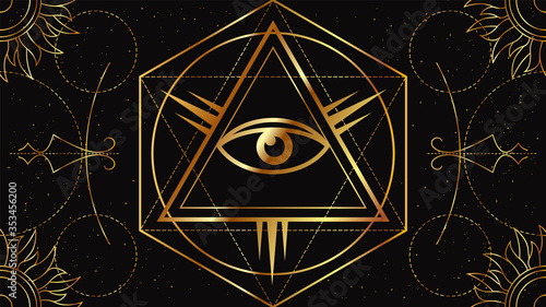 All-seeing eye. Occult signs of golden color on a black background with geometric ornament. Freemason symbol. photo