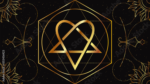 Heartgram. Occult signs of golden color on a black background with geometric ornament. Symbol of love and hate. photo