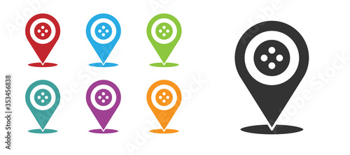 Black Location tailor shop icon isolated on white background. Set icons colorful. Vector Illustration.