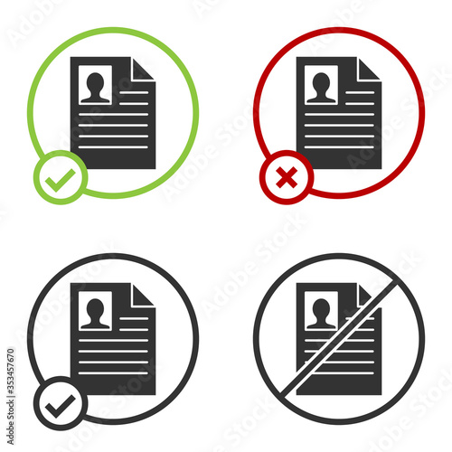 Black Resume icon isolated on white background. CV application. Searching professional staff. Analyzing personnel resume. Circle button. Vector Illustration.