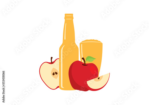 Apple cider icon vector. Fresh apple drink icon vector. Apple cider icon isolated on a white background. Glass and bottle of cider with apples vector. Apple juice icon vector
