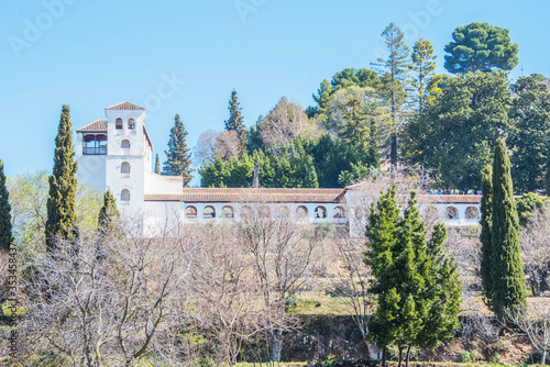 Granada, Spain - March 11, 2019: Gardens of Alhambra of Granada, Spain.