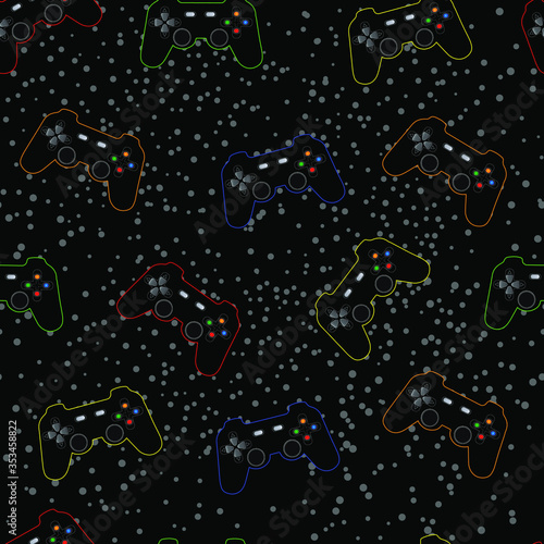 Seamless pattern with game joystick multicolored contour on black background and brush effect.