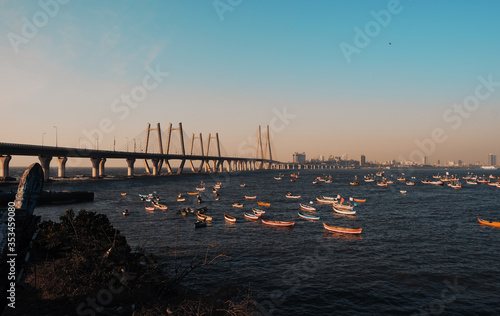 Fishing Boats at Worli Fort - Background the Bandra-Worli Sealink bridge, Mumbai City, Beautiful Sunset, Maharashtra, India