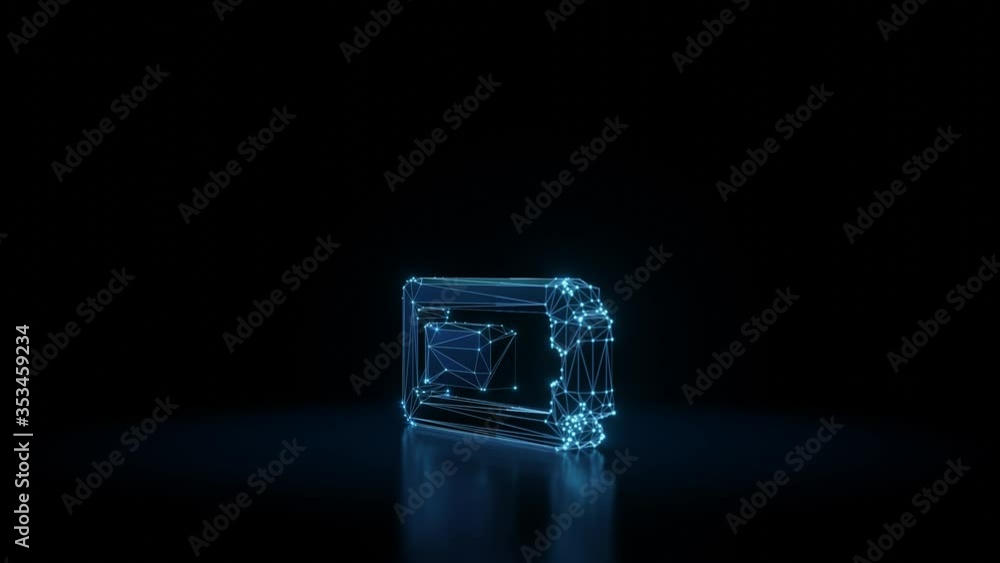 3d rendering seamless loop 4k rotation wireframe neon glowing horizontal symbol of battery half with shining dots on black background with blured reflection on floor 3d rendering seamless loop 4k rotation wireframe neon glowing horizontal symbol of battery half with shining dots on black background with blured reflection on floor