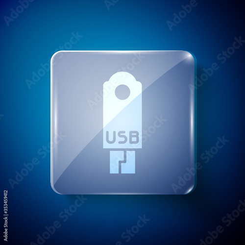 White USB flash drive icon isolated on blue background. Square glass panels. Vector Illustration.