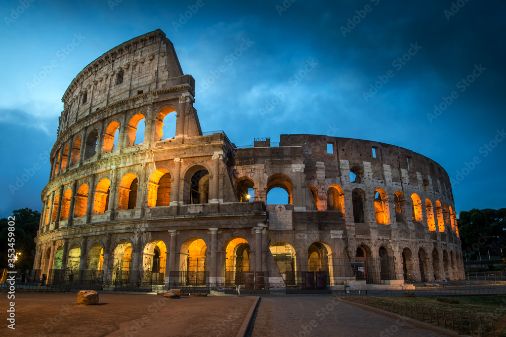 Colosseo or Colosseum at dusk Rome Italy Europe night view.