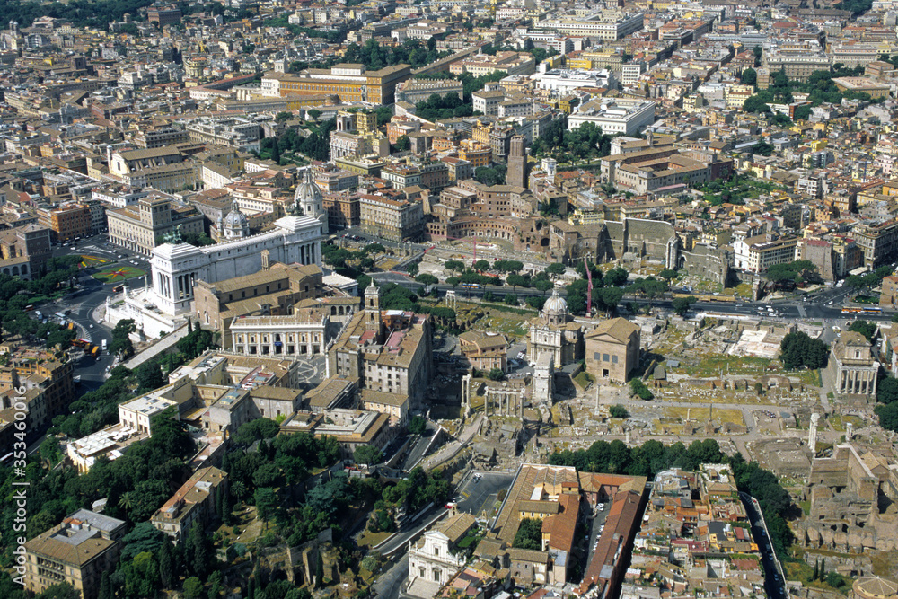 aerial view from the top of historical centre in Rome, roman Forum, Venice Square, Capitol hill, Adrian Forum