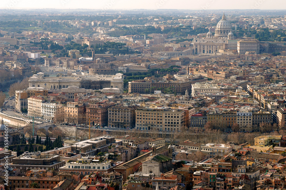 aerial view of the historical centre of Rome until Basilica di San Pietro, Italy