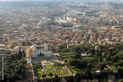 aerial view of the historical centre of Rome with villa Medici and Tiber river