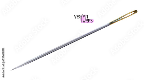 3d chrome realistic sewing needle isolated on a white background. Fashion embroidery tool, accessories for needlework and art craft. Vector illustration.