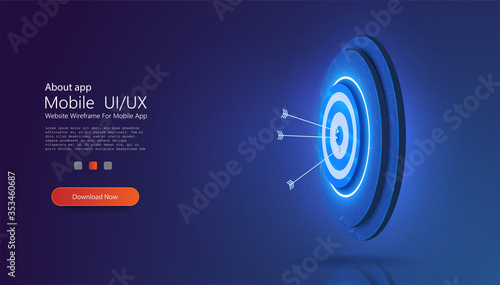 Goal achieve concept. Business target isometric concept vector illustration. Board with arrow flying to center. Symbolic goals achievement, success.  Blue webpage background. Vector illustration photo