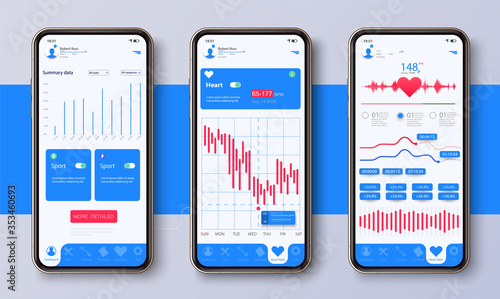 Different UI, UX, GUI screens fitness app and flat web icons for mobile apps, responsive website including. Web design and mobile template. Fitness interface design for mobile application. Vector
