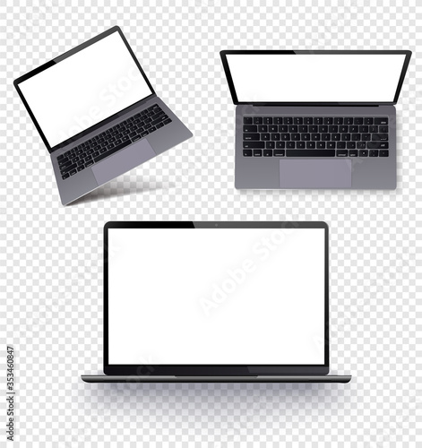Realistic silver-gray laptop with a blank screen in different positions. Can be used for a project, ui/ux presentation. An empty layout of the device. Separate groups and layers, easily editable.
