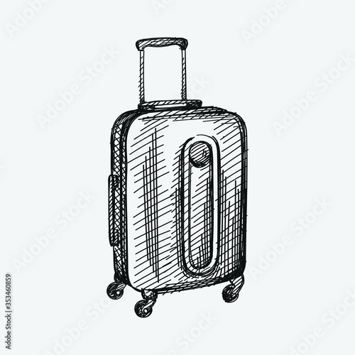 Hand-drawn sketch of suitcase. Hard plastic suitcase with rounded square corners and carrying handle on one side for transporting clothes, toiletries and other small possessions during trips. 