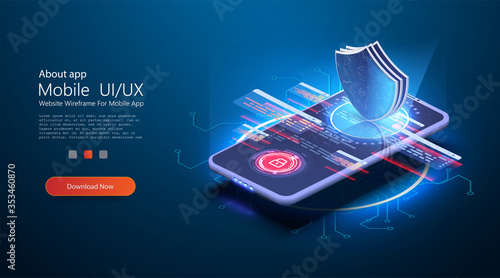 Data protection concept. Blue futuristic shield guards personal information on screen. Safety web payment through mobile app on smartphone. Digital security financial information and protection.Vector