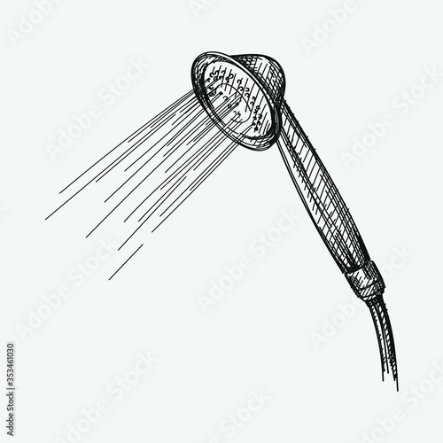 Hand-drawn sketch of shower head on a white background. Bathroom appliances. Bathroom equipment