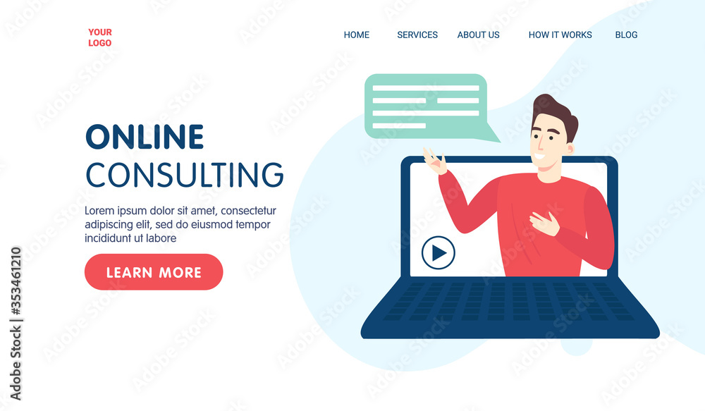 E-learning course concept. Human with chat bubbles on laptop screen. Distance lectures in internet. Online education. Vector flat cartoon illustration for banner, website E-learning course concept. Human with chat bubbles on laptop screen. Distance lectures in internet. Online education. Vector flat cartoon illustration for banner, website