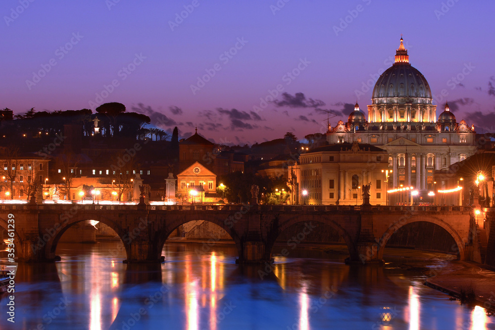  Saint Peter cathedral, san Pietro, and the Tiber river in Rome at purple sunset