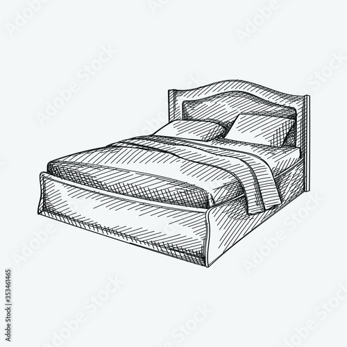 Hand-drawn sketch of double platform bed with simple headboard. Bed with blanket and pillows. Bedroom furniture. Cozy and decorative bedding style. 