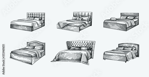 Hand-drawn sketch of double bed with simple headboard. Bed with coverlid and pillows. Bedroom furniture. Cozy and decorative bedding style. 