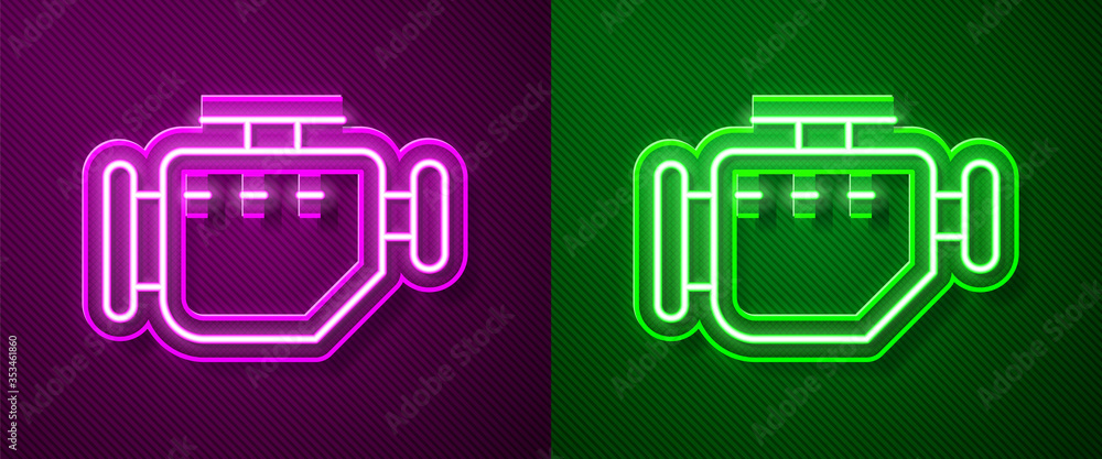 Glowing neon line Check engine icon isolated on purple and green background. Vector Illustration. Glowing neon line Check engine icon isolated on purple and green background. Vector Illustration.