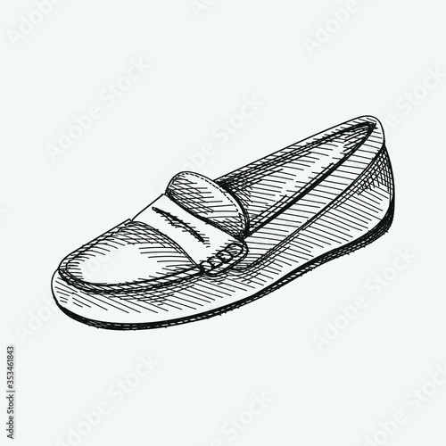 Hand-drawn sketch of women shoes. Loafers, slippers, moccasins. Stylish and fashionable shoes. Shoes for walking. Feet accessories.