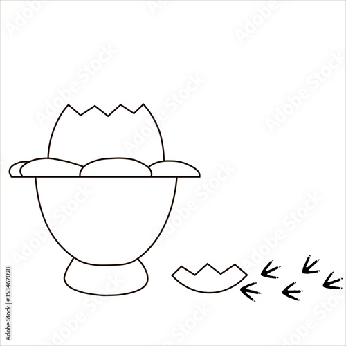 Opened white egg with broken shell on egg stand isolated vector illustration. Eggshell fragile broken, open and cracked oval egg. Traces of runaway chicken. Outline drawing. Black contour.