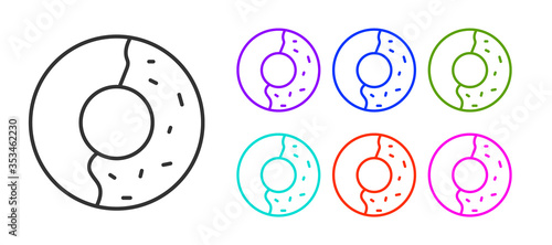 Black line Donut with sweet glaze icon isolated on white background. Set icons colorful. Vector Illustration.